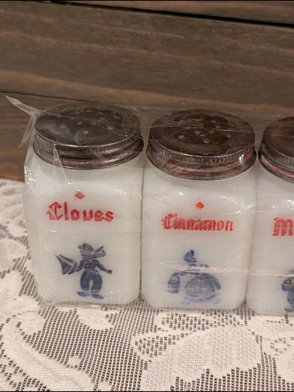 Vintage White Glass Spice Jar Set with Dutch Pattern